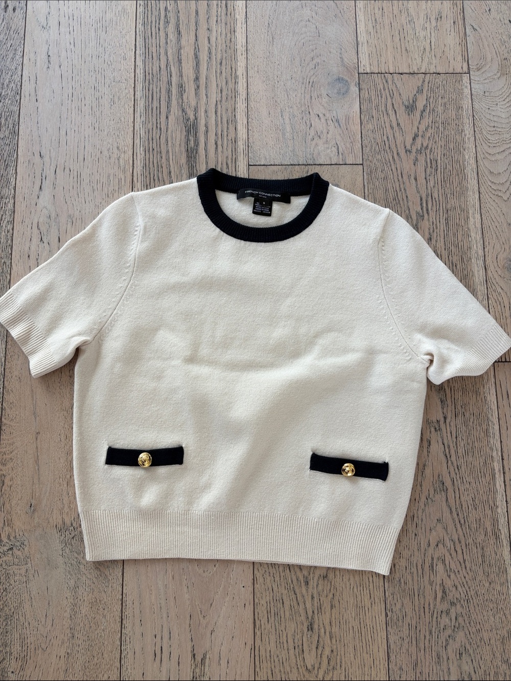 French Connection Cream Short-Sleeve Sweater with Black Trim